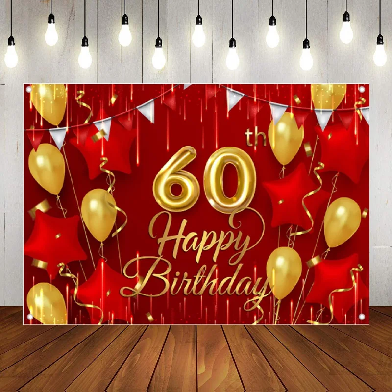 

60th Birthday Photography Backdrop Banner Decorations Red Gold Women Men Happy 60 Years Old Bday Background Decoration