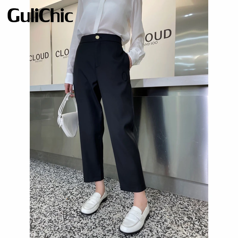10.28 GuliChic Women Embroidery Letter Decoration Soft Comfortable Wool Straight Pants