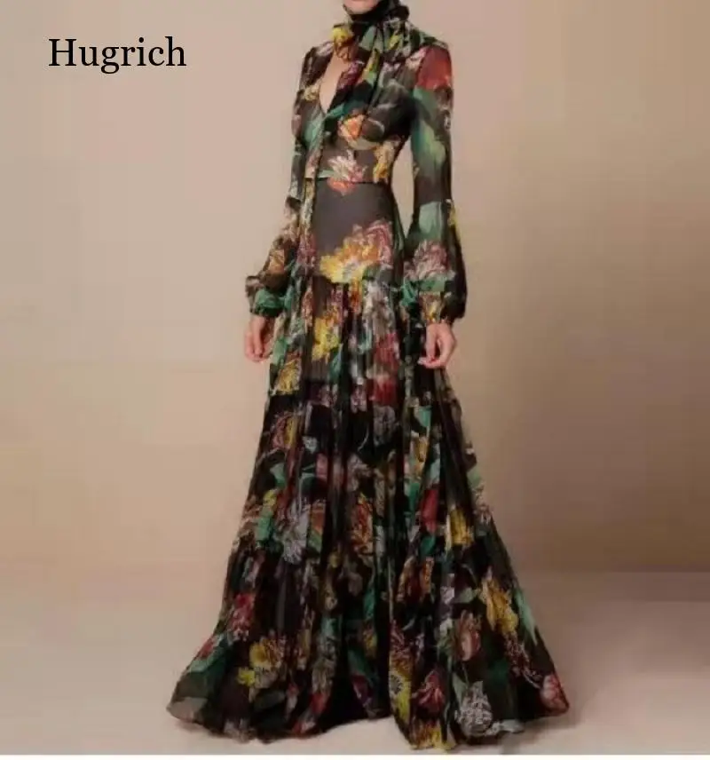 

Женское платье с высокой талией, платье в европейском и американском стиле с длинным рукавом-пузырьком и принтом, Новинка лета 2022