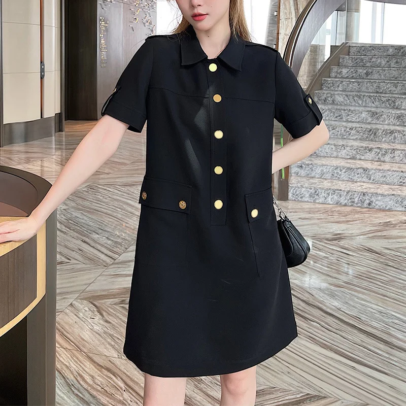 

Классическое черное платье в стиле ретро, модель 2023 года, свободное однобортное платье с отложным воротником и коротким рукавом, элегантное модное офисное женское платье с карманами