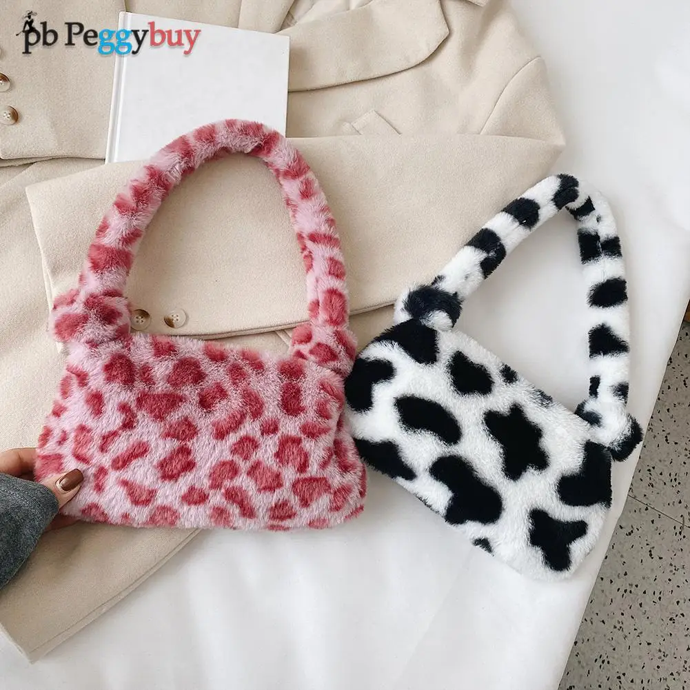 

Vintage Women Plush Shoulder Bags Purse Casual Animal Pattern Autumn Winter Underarm Handbags Top-handle Pouch Bags For Women