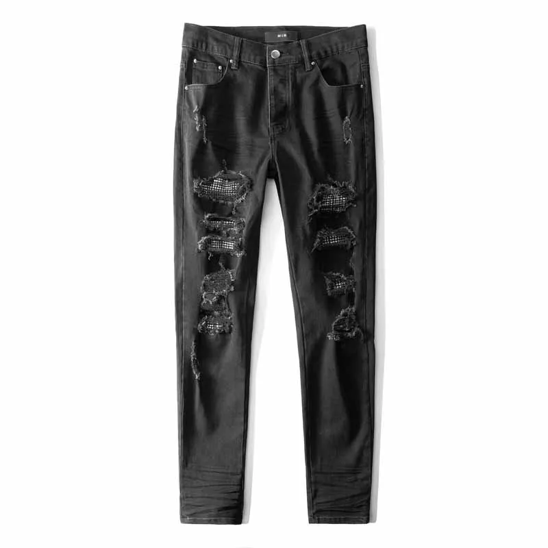 

2022 New Arrivals American Street AMR Skinny Jeans Men Women Ripped Diamonds Jeans Straight Black Jeans Men