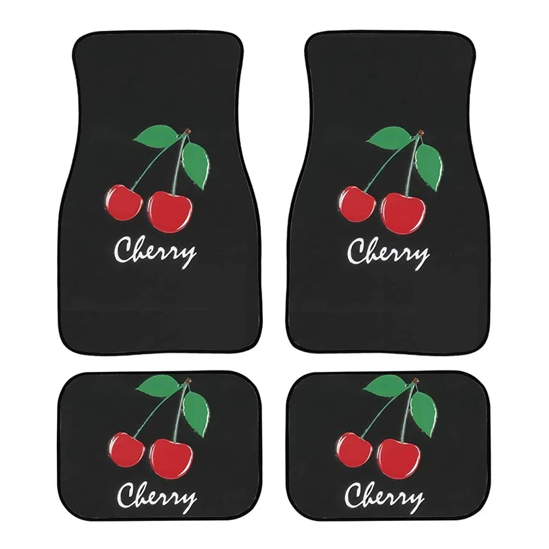 

Black Background Red Cherry Printing Design Water And Dirt Resistant Rubber Material 4/2PCs Universal Size Car Foot Mat