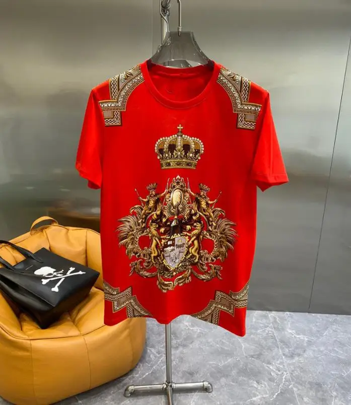 

Мужская футболка с коротким рукавом, футболка с круглым вырезом и винтажным принтом короны, в европейском и американском стиле, лето 2022