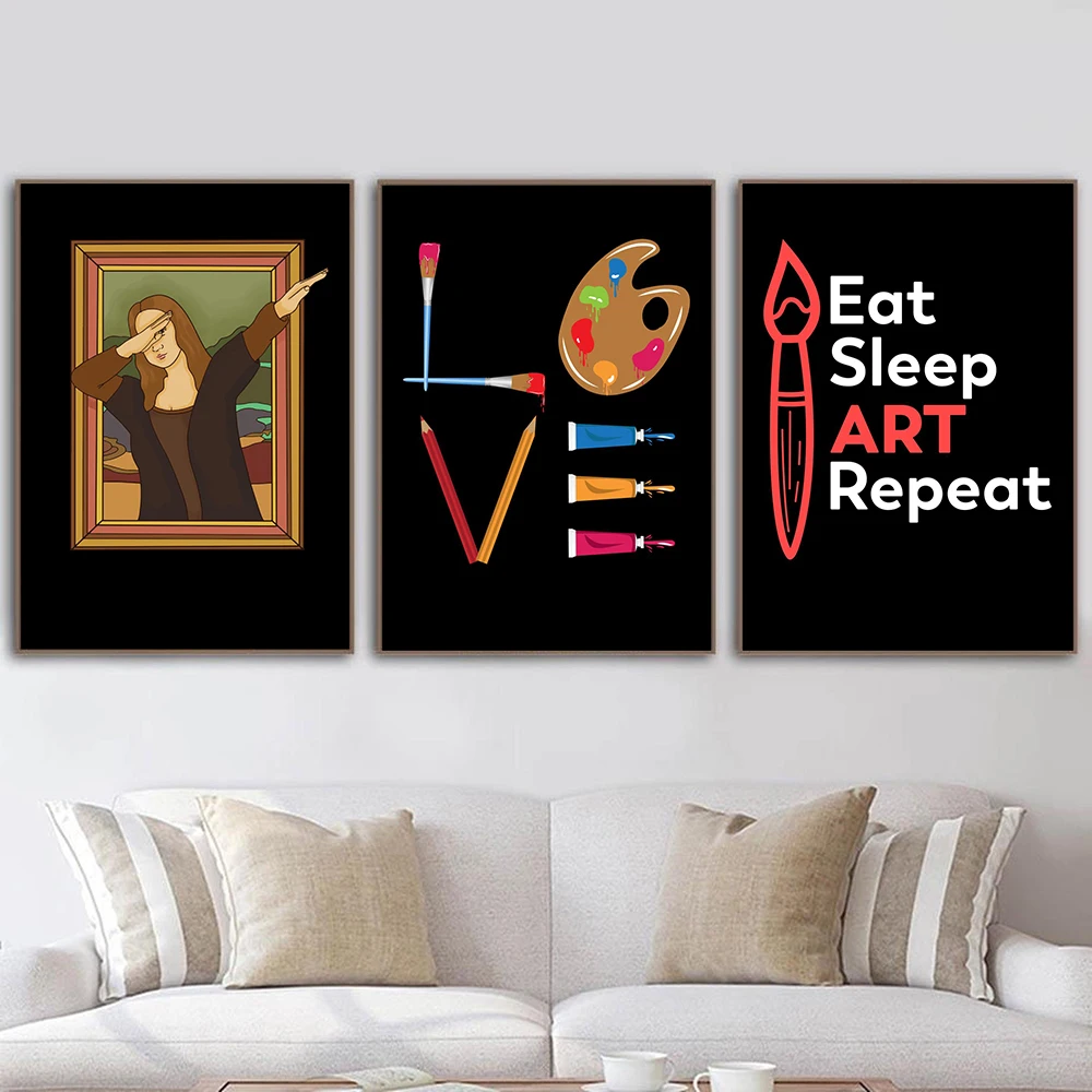 

Eat Sleep Poster Repeat Quote Canvas Painting Funny Nordic Art Print Dabbing Mona Lisa Wall Picture For Living Room Home Decor