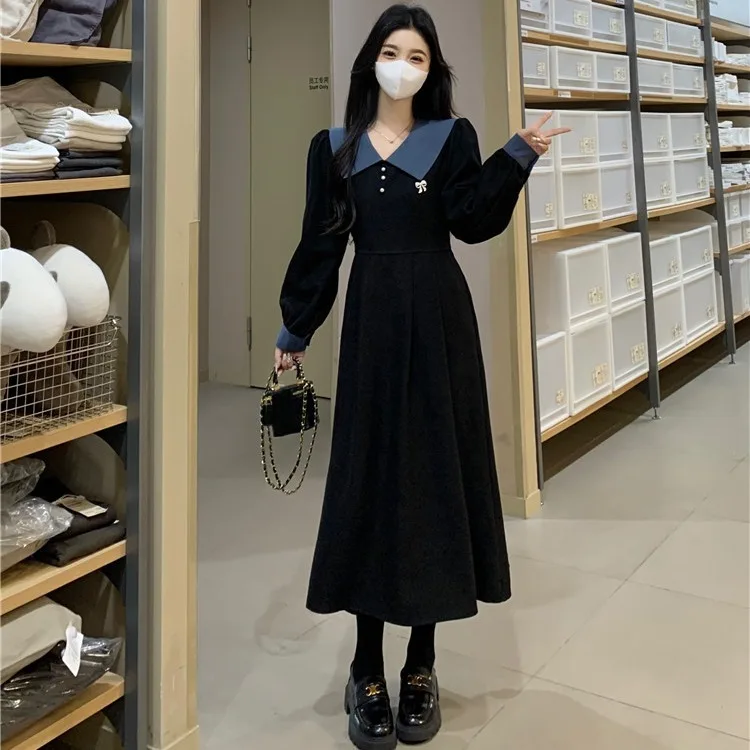 Плюс размер Ретро Контрастный цвет Вельветовое платье с длинными рукавами