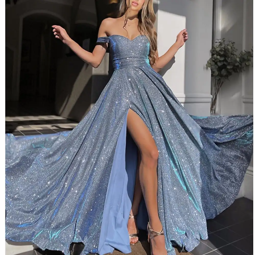 

A Line Prom Dresses Sweetheart Off the Shoulder Sparkle Shine Gown Formal Occassion vestidos de noche
