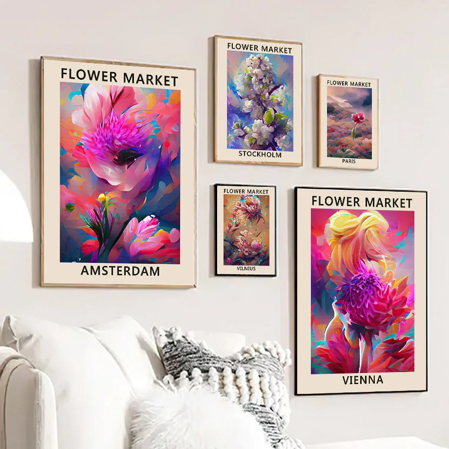 

Retro Colorful Abstract Flower Market Rose Wall Art Canvas Painting Nordic Poster And Prints Wall Pictures For Living Room Decor