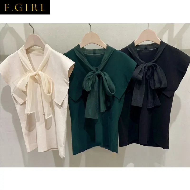 

F GIRLS Turn Down Collar Bowknot Patchwork Pleated All Match Knit Pullover Japanese Solid Color Thin Sweater Summer New Jumpers
