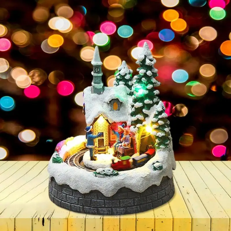 

Christmas House Village Luminous Resin Ornament LED Light Christmas Small Train Village House Figurines Navidad New Year 2022