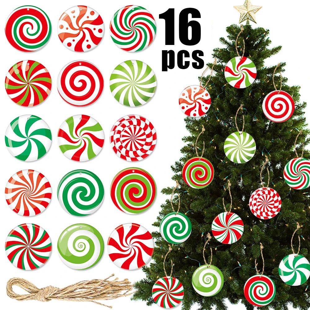 

16Pcs/Set Christmas Candy Hanging Ornaments Paper Santa Claus Snowman Pendant Xmas New Year Party Gift Card Decorations for Home