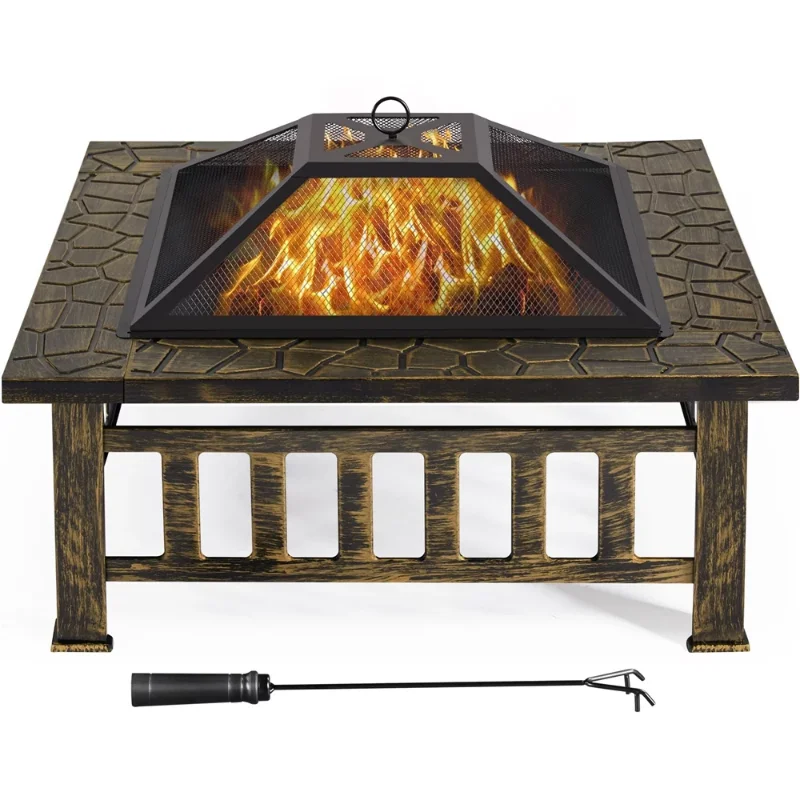 

34'' Outdoor Square Fire Pit w/Cover & Poker, Bronze