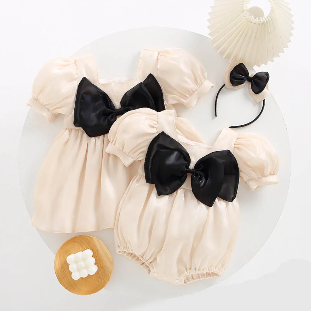 

Baby Sister Outfits 2022 Summer Newborn Girls Sweet Bow Princess Dress Solid Hot Cute Bubble Sleeve Rompers Girls Fashion Dress