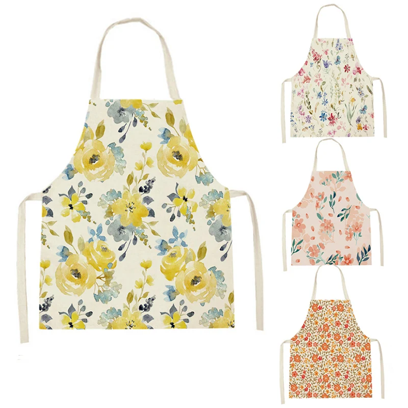 

1 Pcs Floral Flower Kitchen Aprons for Women Colorful Linen Bibs Household Cleaning Pinafore Home Cooking Apron