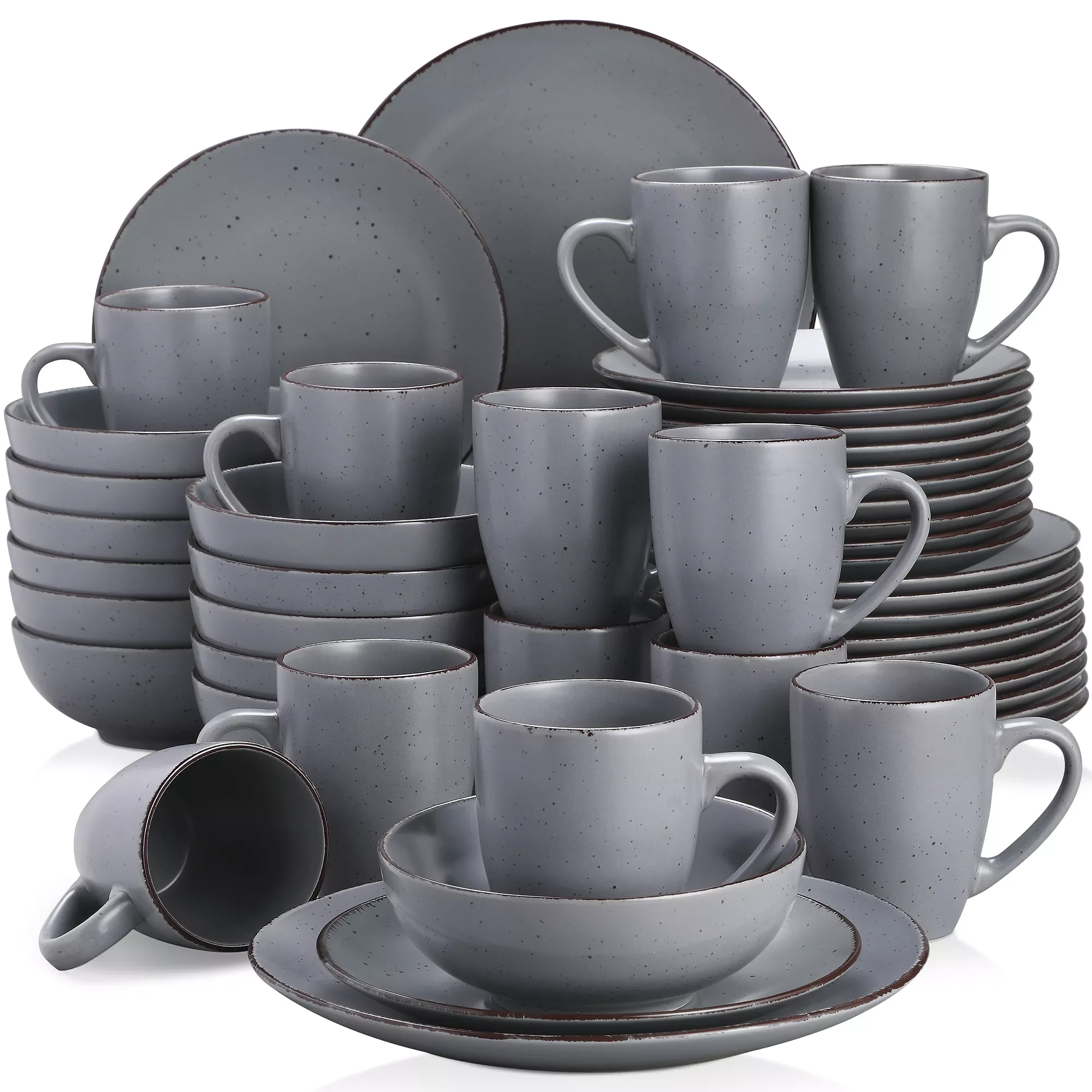 

16/32/48 Piece Pottery Dinner Set Grey Stoneware Tableware Set with Dinner Plate,Dessert Plate,Bowls,Cups