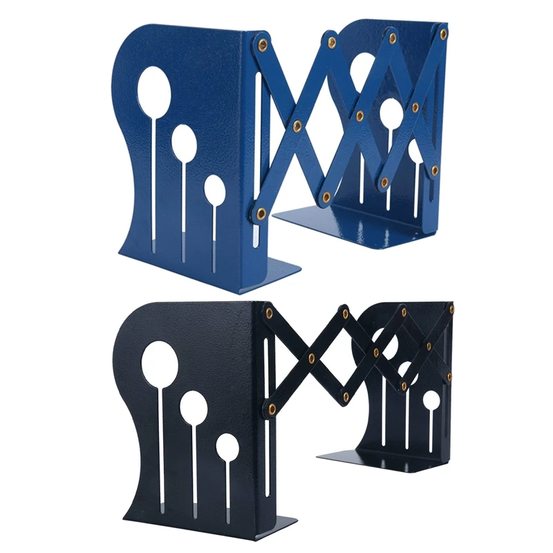 

2X Bookends Iron Adjustable Books Holder Stand Desk Heavy Duty Non Skid Bookend(Black/Blue, Small)