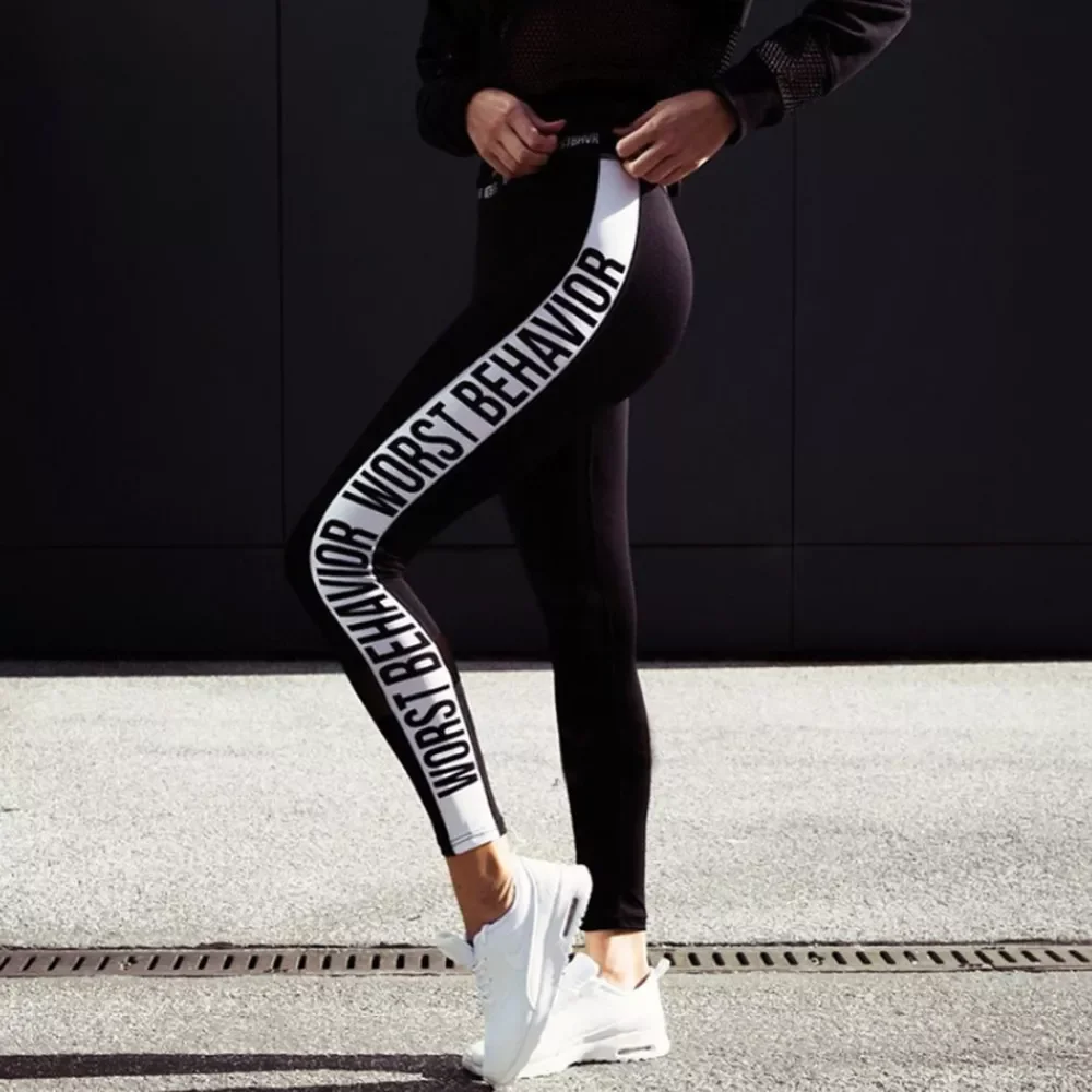 

2022New Black Color White Letters Fashion Push Up Workout Leggings Slim Polyester V-Waist Jeggings Women WORST BEHAVIOR letters