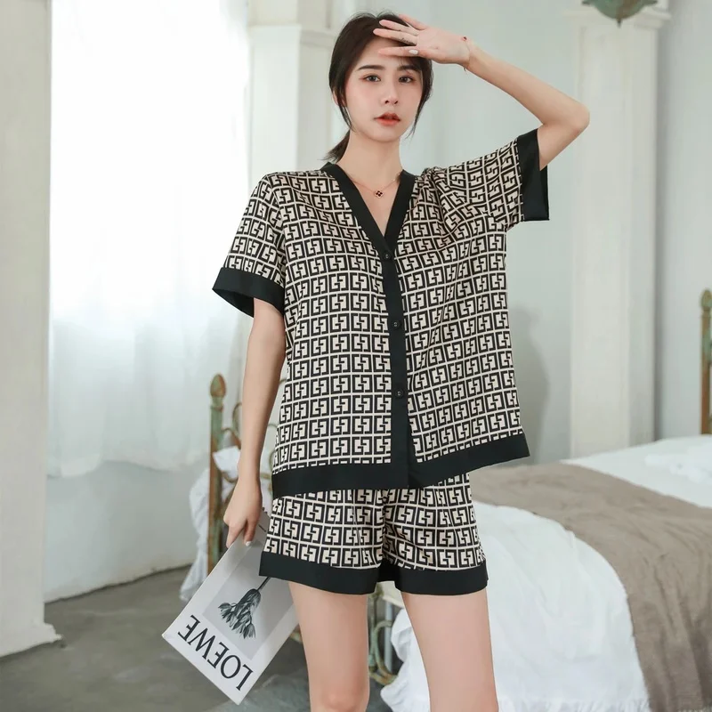 

Women's Pajama Set Luxury Fashion Cross Letter Print Short Sleeve Pajamas Silky Casual Loose Loungewear Ladies Sexy Pajamas