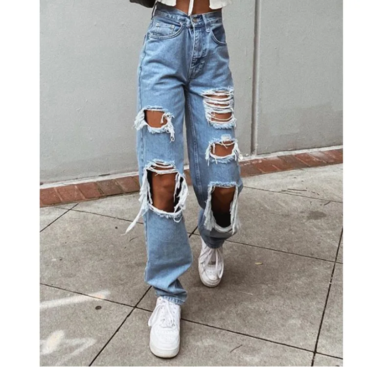

2022 Women's Ripped Loose Fit Jeans Wide Leg For Women High Waist Blue Wash Casual Cotton Denim Trousers Summer Baggy Jean Pants