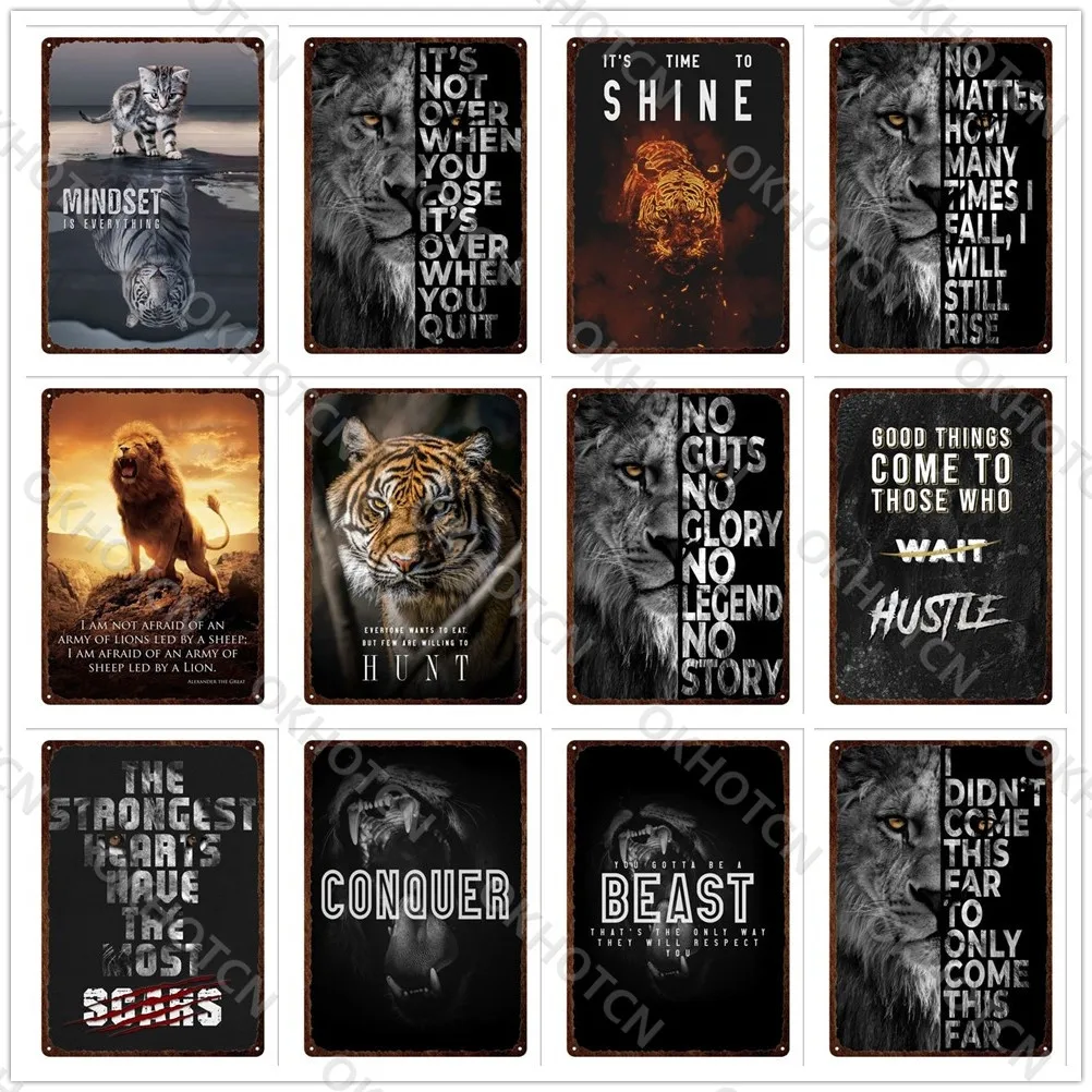 

Never Give Up Motivational Quote Art Tin Sign Posters Fiercely Lions and Tiger Animals Metal Print Plates Pub Bar Sign Plaques