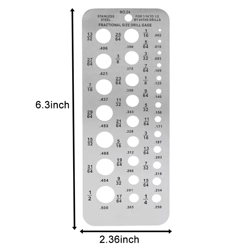 

29 Fractional Size Drill Gauge 6.3*2.36in Drill Gage For 1/16 To 1/2 By 64ths Drills Stainless Steel Drill Gauge Measuring Tool