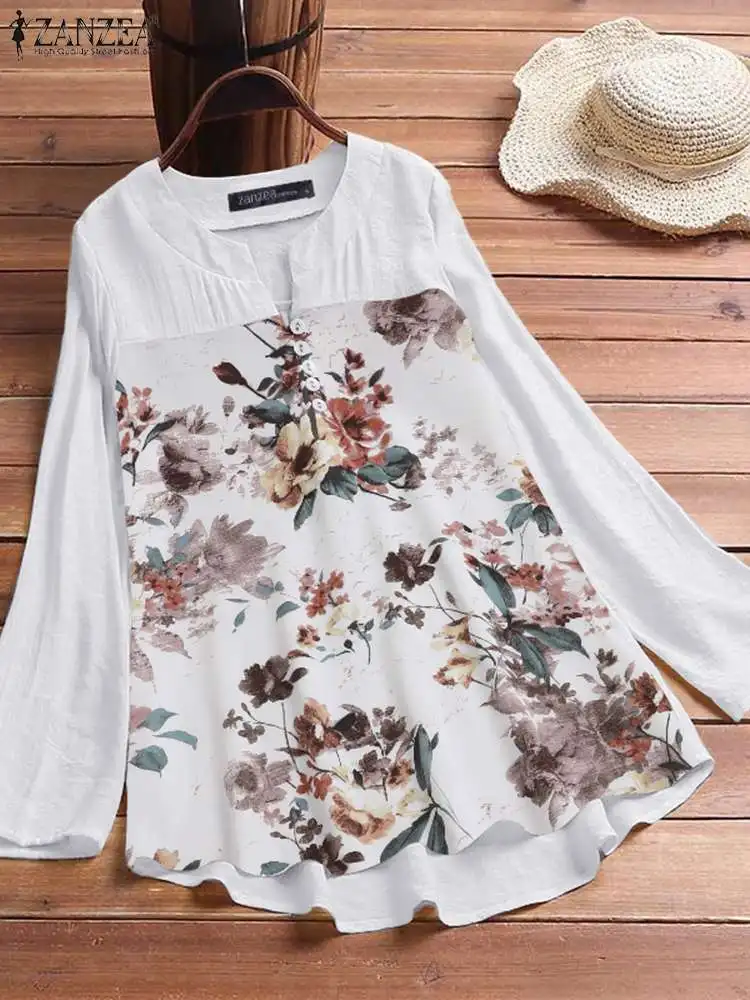 

2022 ZANZEA Autumn Patchwork Blouse Bohemian Floral Printed Shirt Full Sleeve V-Neck Chemise Fashion Casual Elegant Holiday Tops