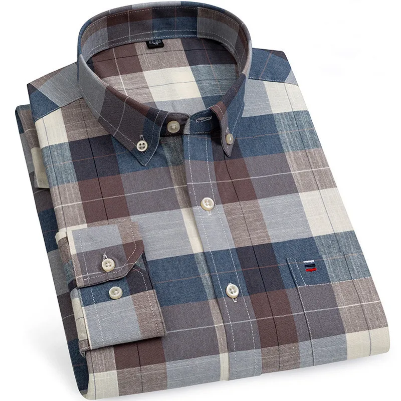 

Plus Size 7XL 6XL 5XL Men's Social Shirt Pure Cotton Oxford Luxury Brand Thin Soft Buttoned Plaid Formal Work Western Clothing