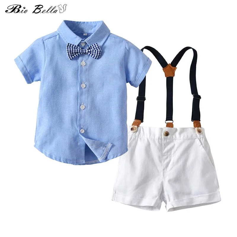 

Summer 2PCS Toddler Baby Boy Blue Shirt Tops+White Shorts Overalls Bow Decor Outfits Clothes Gentleman Set