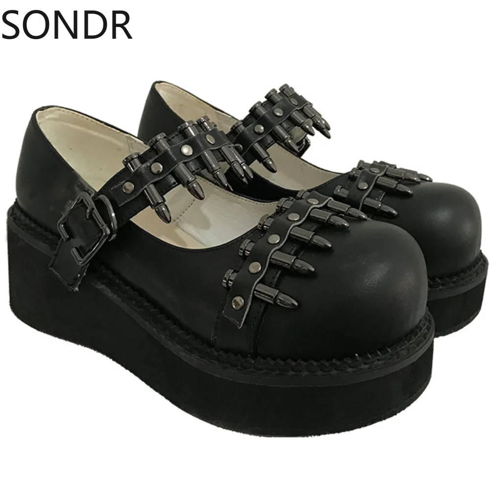 

Womens Lolita Rivet Bullet Metal Chain Gothic Punk Pumps Shoes Boots Creepers Japanese Harajuku Platform Belt Buckle Dark