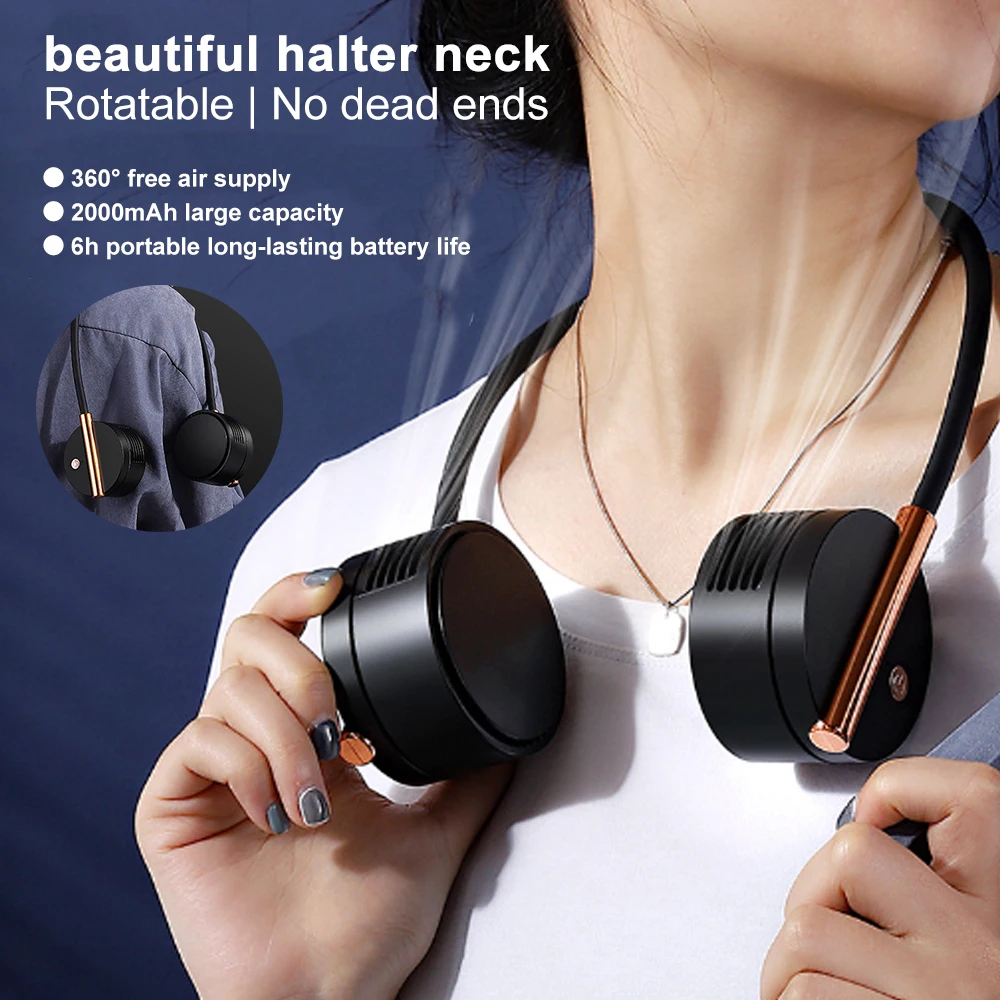 

Fashion Portable Leafless Hanging Neck Fan Usb Rechargeable Ultra Quiet Fan with 3 Modes Wind Speeds Cooling Fan