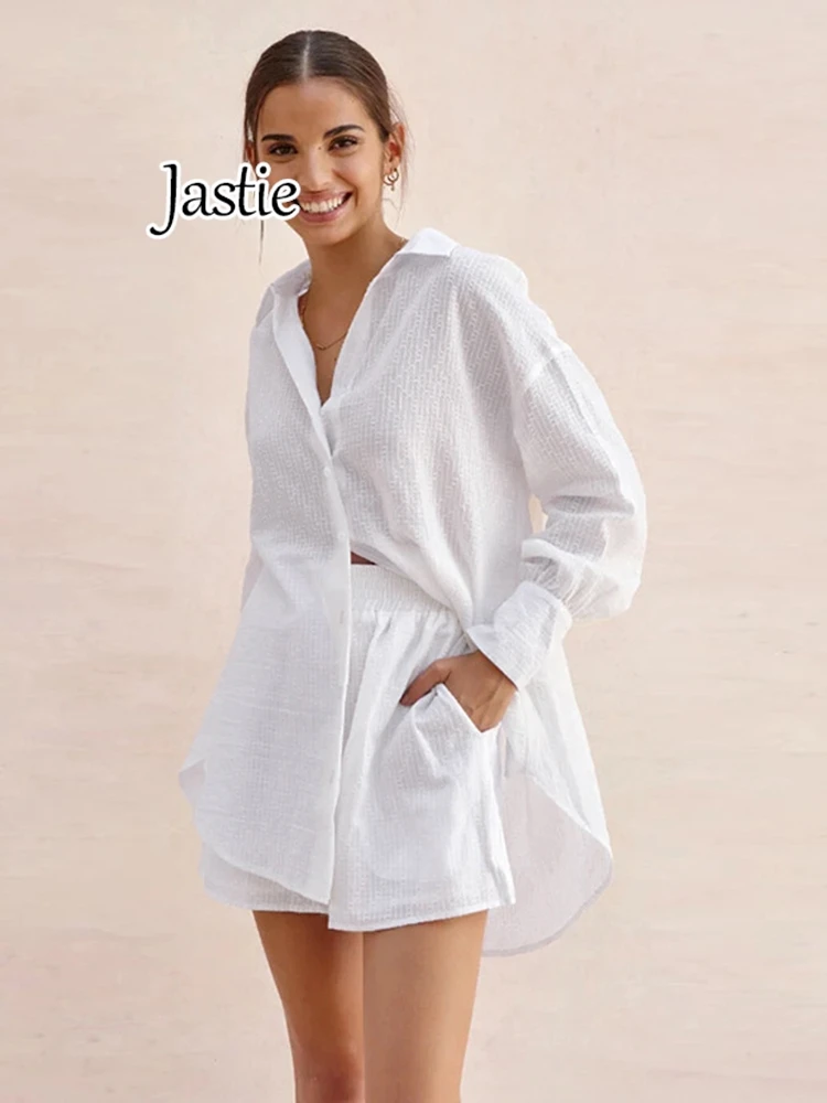 Женский жаккардовый костюм Jastie элегантная рубашка с длинным рукавом и шорты