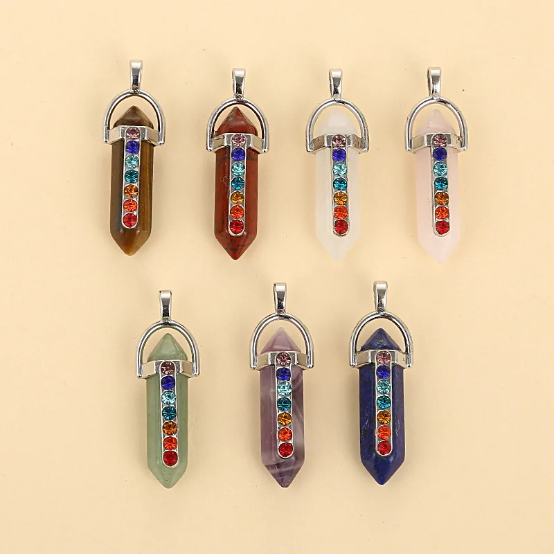 

Natural Crystal Stone Pendant Hexagonal Pointed Bullet Shape Inlay Colored Chakra Rhinestone Reiki Quartz Jewelry For Women Man