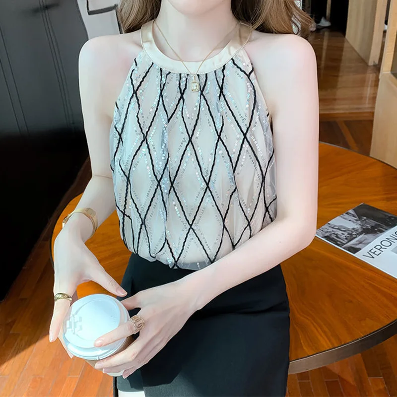 Женский сетчатый топ без рукавов с круглым вырезом и блестками - купить по