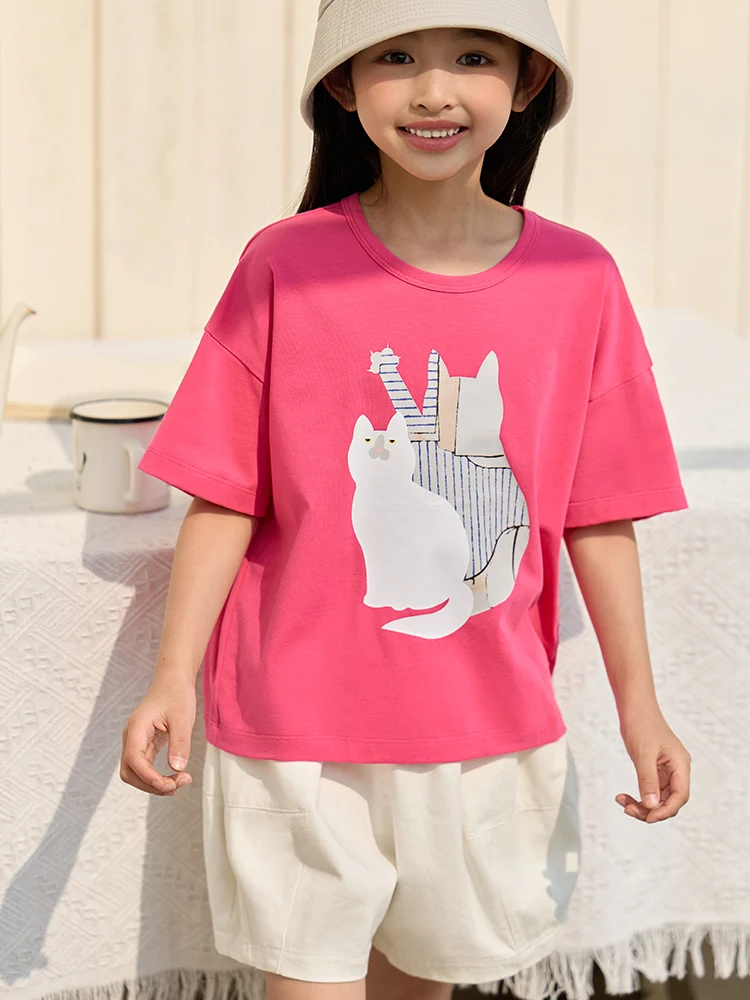 

Детские футболки Amii для девочек, новинка 2023, летние топы, милая Повседневная Свободная футболка с принтом Китти, одежда для девочек 22342043