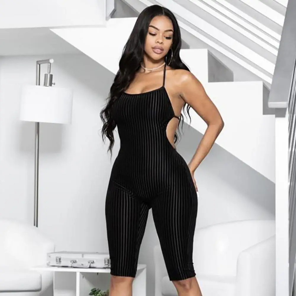 

Solid Color Breathable Lady Romper Stylish Body Shaping Lace Up Club Jumpsuit Soft Skinny Halter Neck Backless Sleevless Romper