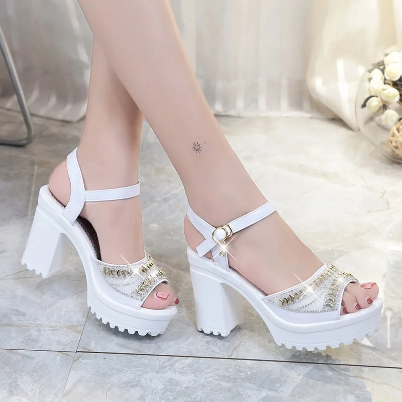 

Женские элегантные летние туфли-лодочки, сандалии на платформе, римские сандалии на танкетке с кристаллами и открытым носком, сандалии, жен...
