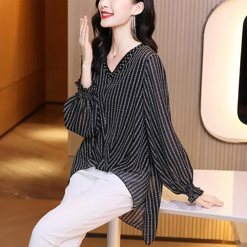 

Office Lady Shirt Spring 4xl Women Long Sleeve Shirts Women's Clothing Tops Stripe Chiffon Blouse Feminine Blusa J122