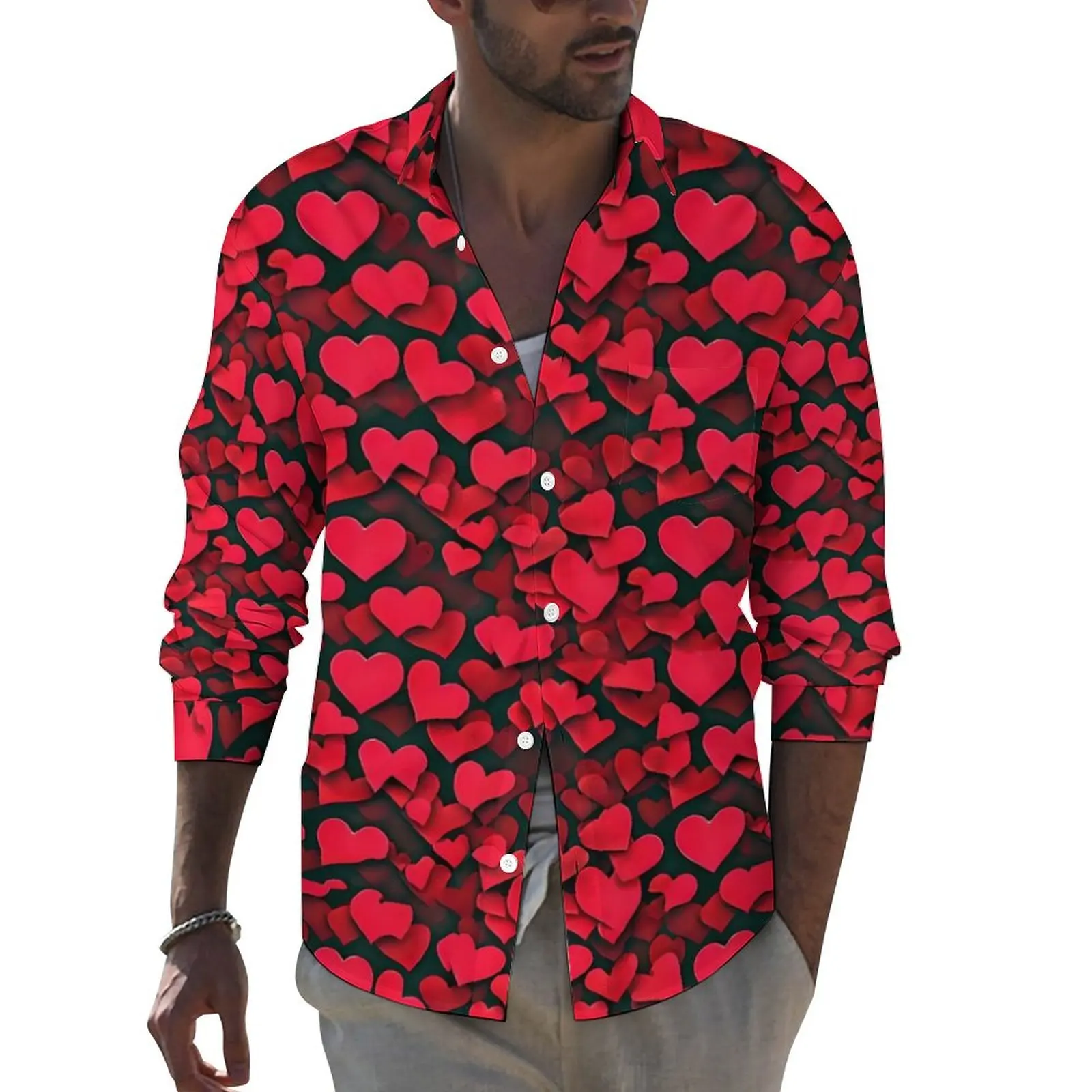 

Red Hearts Print Shirt Valentine Casual Shirts Long Sleeve Graphic Harajuku Blouses Autumn Cool Oversize Clothing