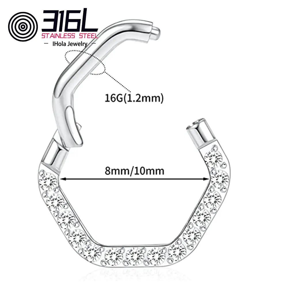 New Hexagon Nose Ring 316L Surgical Steel Piercing CZ Septum Clicker Segment Ear Tragus Cartilage Helix Daith Body Jewelry