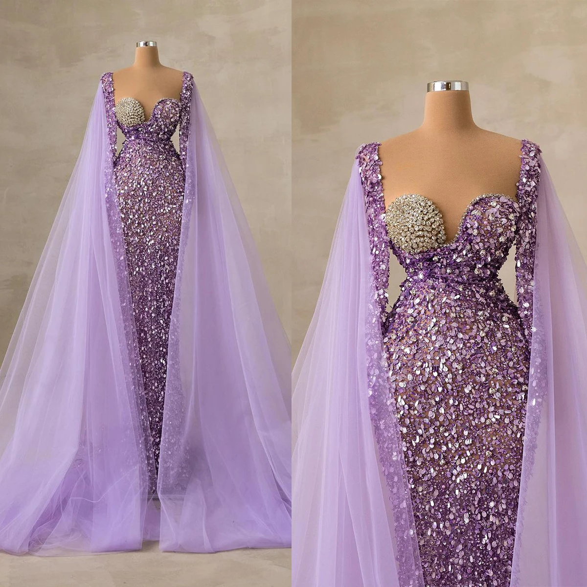 

Luxury Sweetheart Women Evening Dresses Crystal Sequins Pearls Bridal Gowns Backless Long Sleeves With Tulle Slim Fit Dress