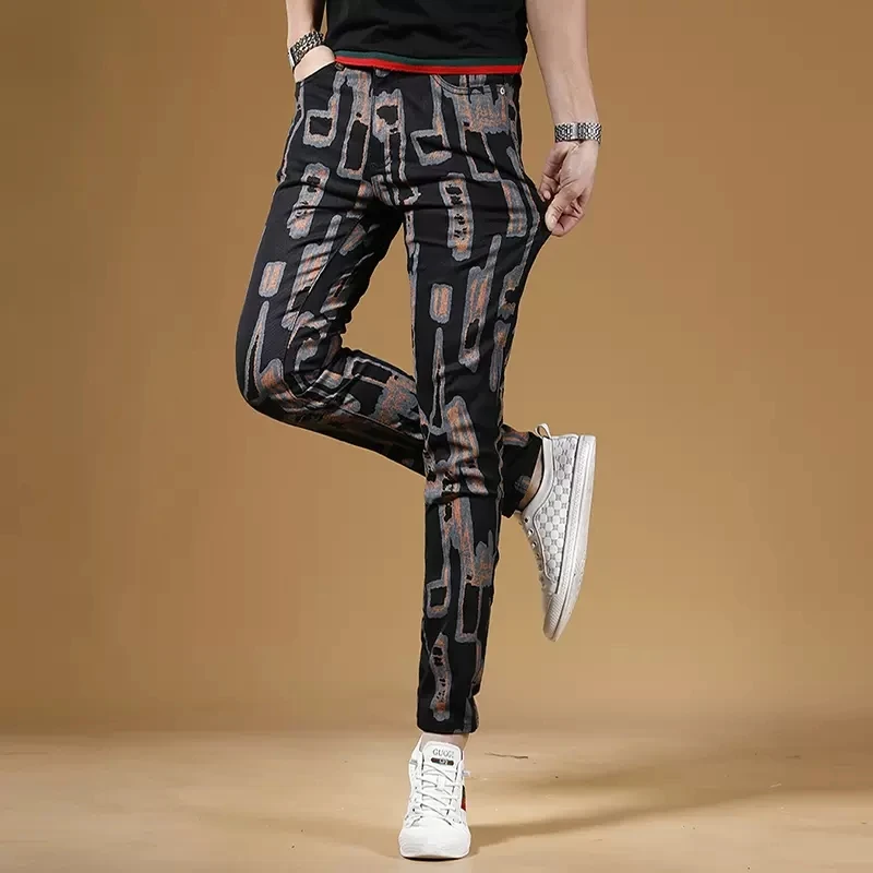 Summer Men Fashion Printed Black Jeans Streetwear Casual Slim Fit Straight Pants Geometric Digital Printing Denim Trousers