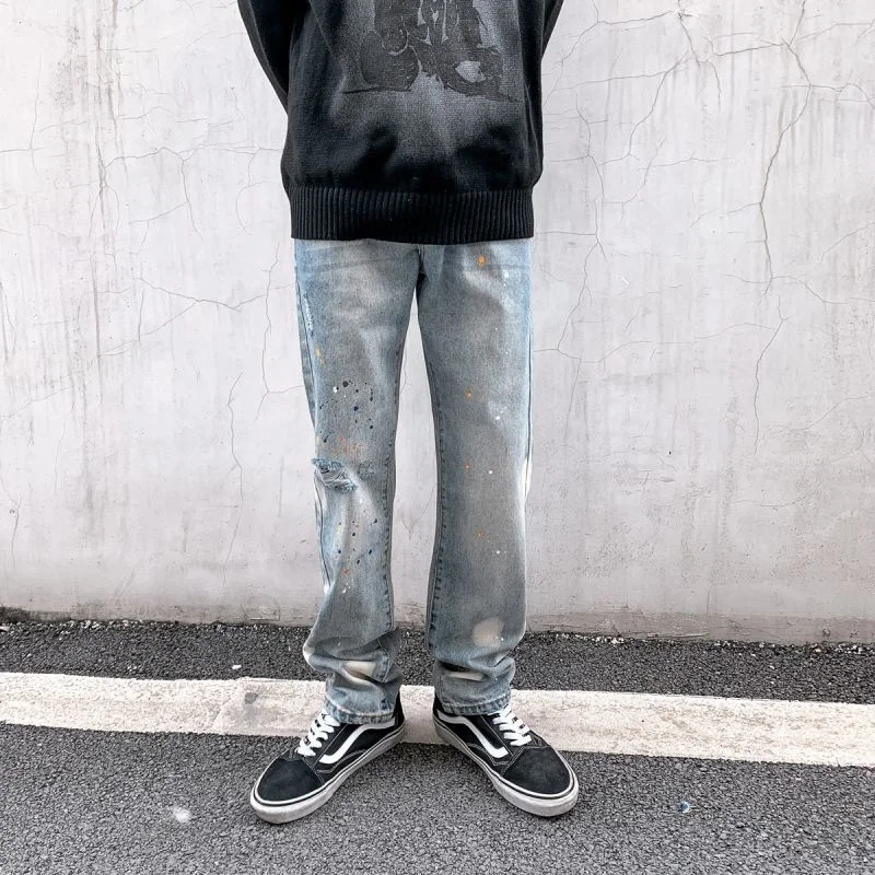 

Retro Hole Men Jeans Korean Fashion Ink Splash Jeans Streetwear Hip Hop Straight Jeans Y2k Pants Casual Denim Trousers