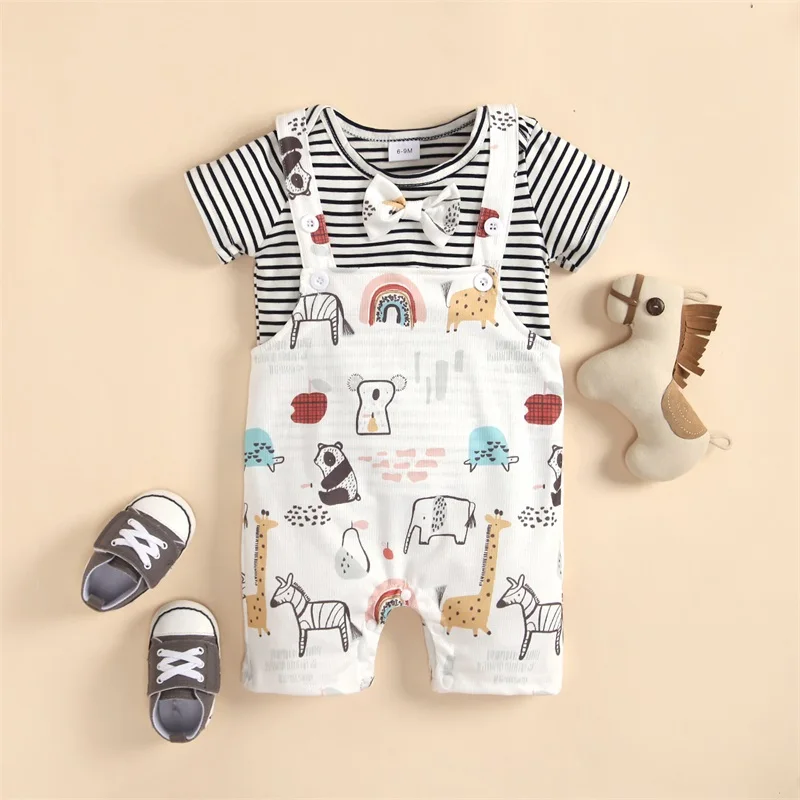 

Cute Newborn Infant Baby Casual Suit Short Sleeve Stripe Printed Tops Cartoon Animal Printed Suspender Pants Summer 2pcs Sets