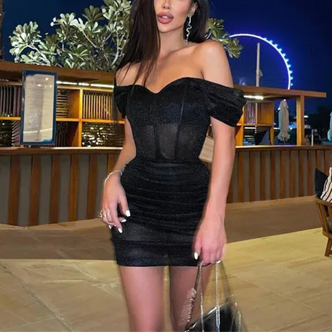 Women's Dress Collared Shoulder Sexy Low Cut Translucent Mesh Mini Dress Belted Hip Mini Dress Fashion Party Dress Female