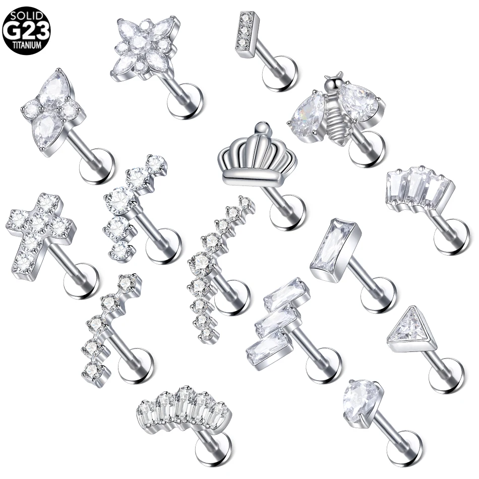 

1Pc G23 Titanium Internally Threaded Lip Stud CZ Crystal Labret Piercing Helix Tragus Piercing Conch Earring Stud Body Jewely