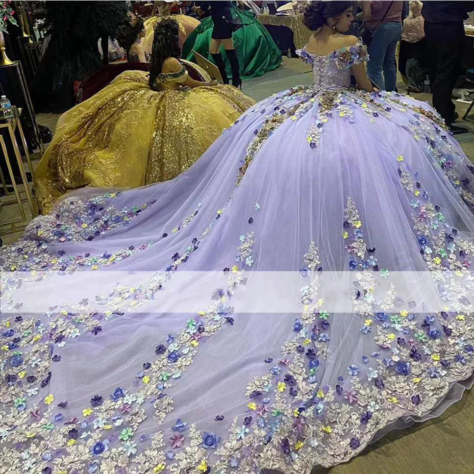 

Сиреневое Лавандовое платье для Quinceanera с открытыми плечами с 3D аппликацией из бисера со шнуровкой корсет Длинные платья для девушек на выпускной вечеринку Халат