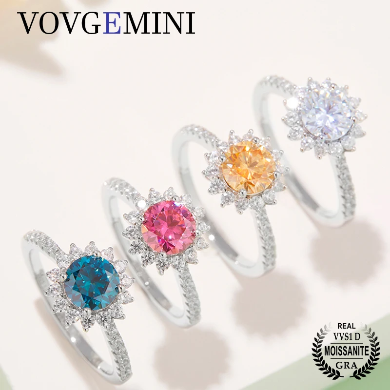 VOVGEMINI 1ct 2ct Round Cut Moissanite White Gold Wedding Ring 925 Silver Sterling Pink Blue Champagne Gem Sunflower Jewelry