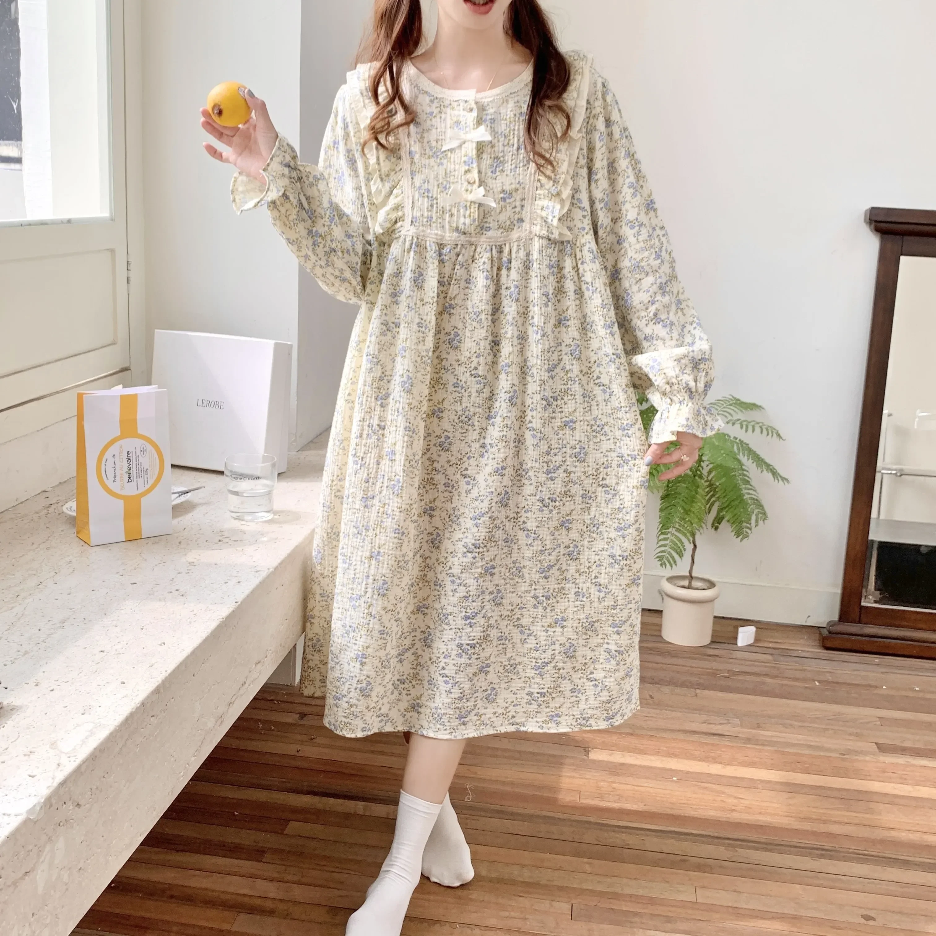 

Cotton Print Loose Women Nightdress Nightgown Sleeve Korean Floral Winter Double Long Gauze Sleepdress Breathable Layer