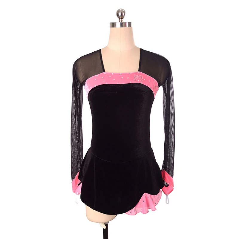 New Arrivals Womens Long Sleeve Shiny Rhinestone Figure Skating Dress Skirted Leotard Dancewear