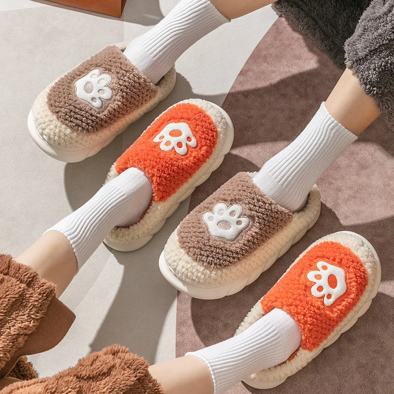 Women Men Winter Platform Slippers High Heels House Thick Sole Mute Fluffy Warm Casual Shoes Flats Lady Home Outside Fur Slides